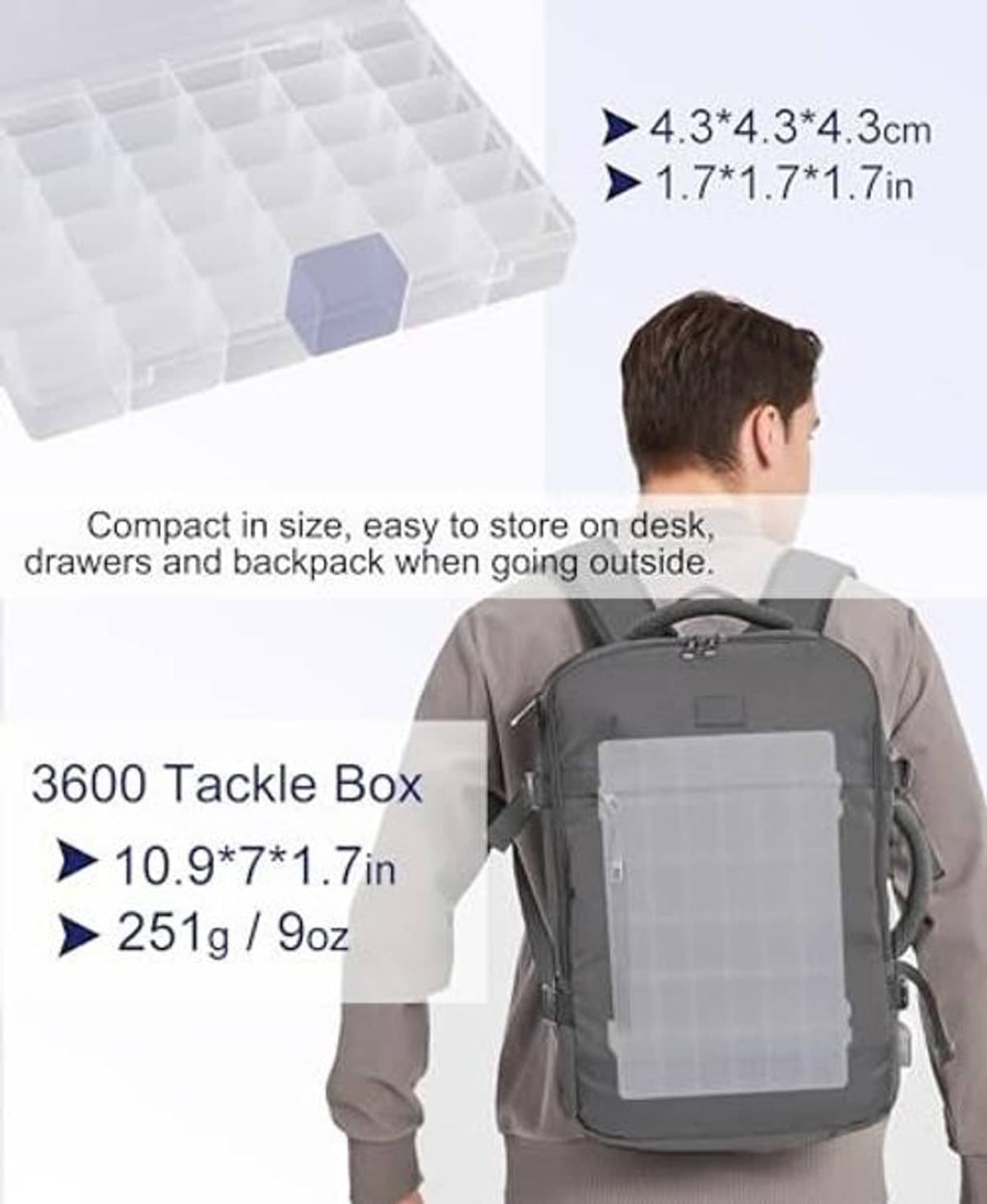 Transparent 36-grid organizer box with lid, compact for desk or travel storage