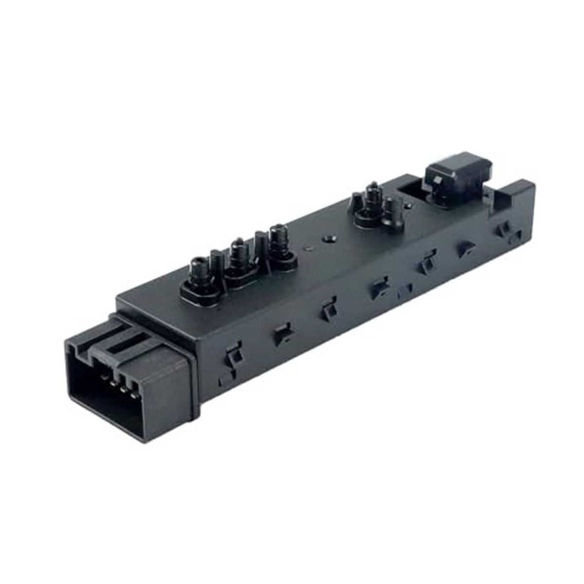 Power seat control switch module with top button posts and multi-pin ports, black