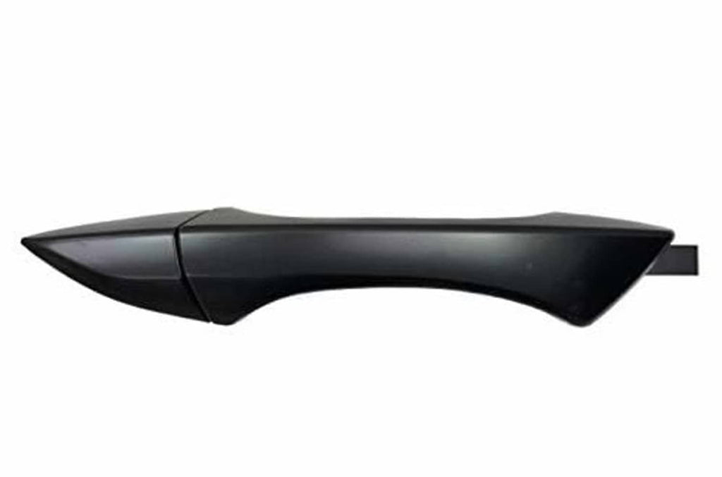 Primed black exterior door handle in side profile, curved pull with rod mount