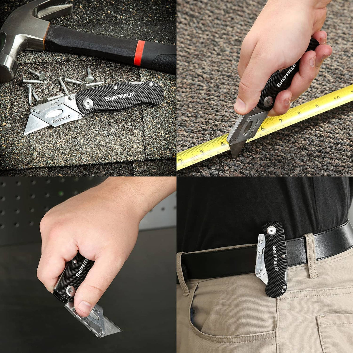 Folding utility knife with black handle and pocket clip in hand