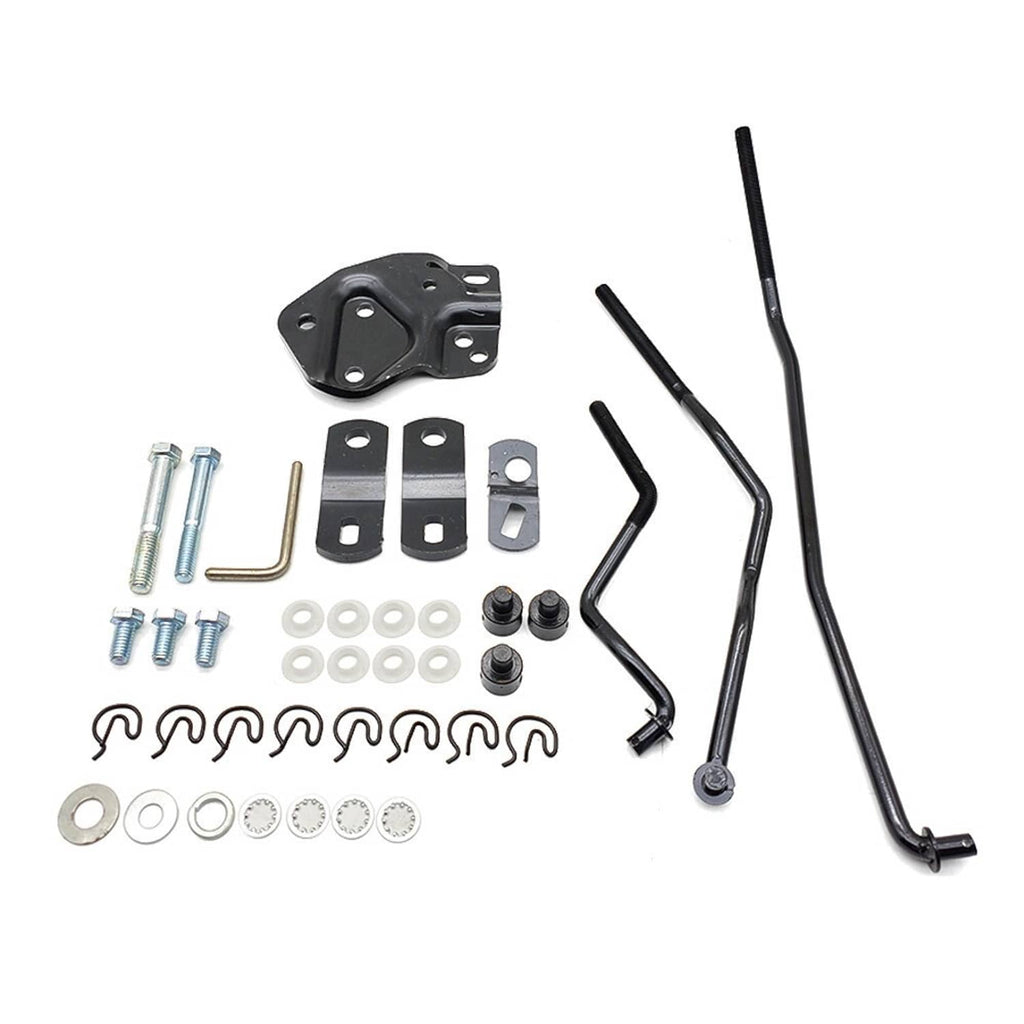 4-speed shifter linkage kit with steel rods, brackets, bushings, and washers