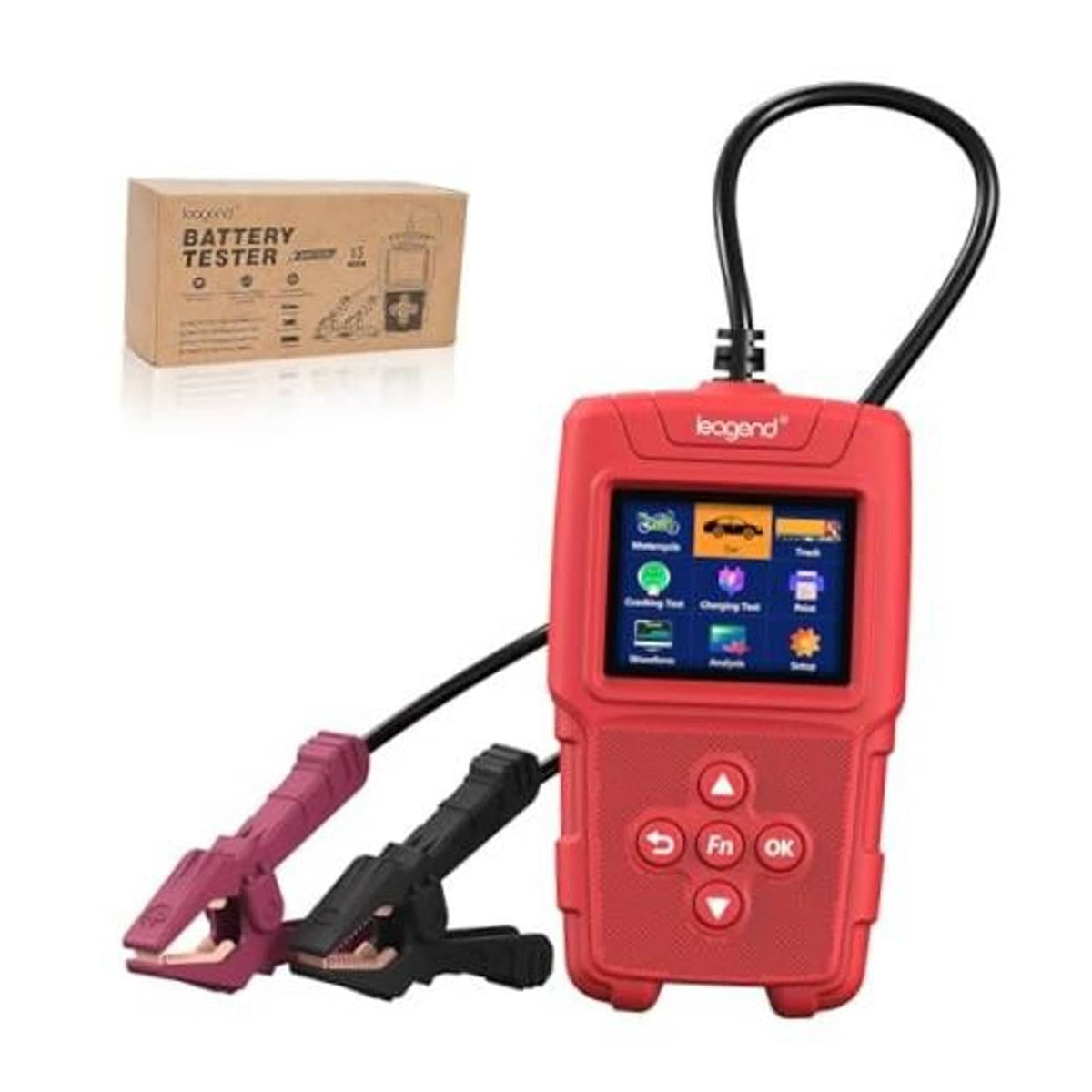 Red handheld battery tester with color screen, cable, and black and red alligator clamps