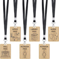 Wooden staff and restroom pass cards with black straps and silver connector clips