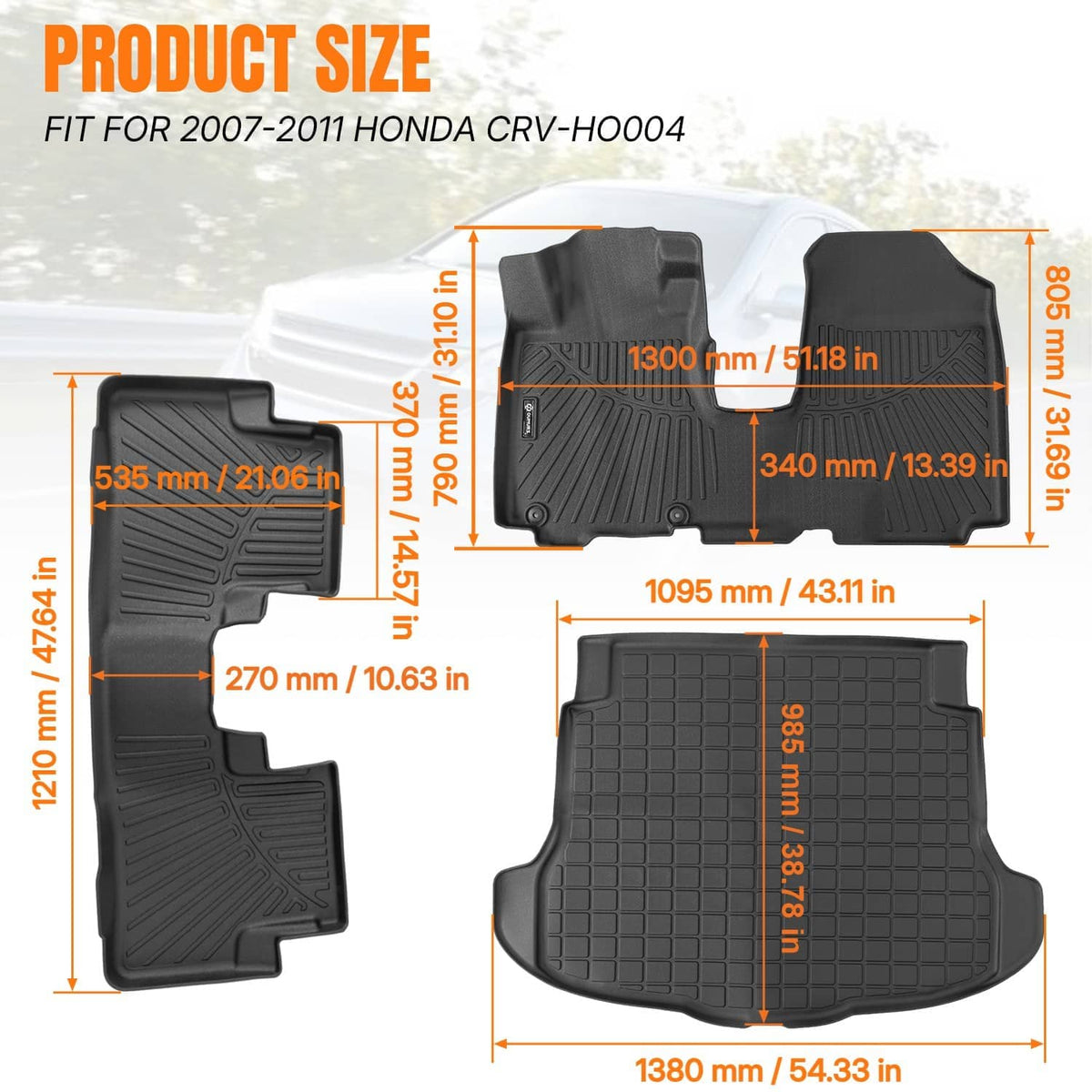 All-weather floor mat set for Honda CR-V, size graphic view with three dark gray mats
