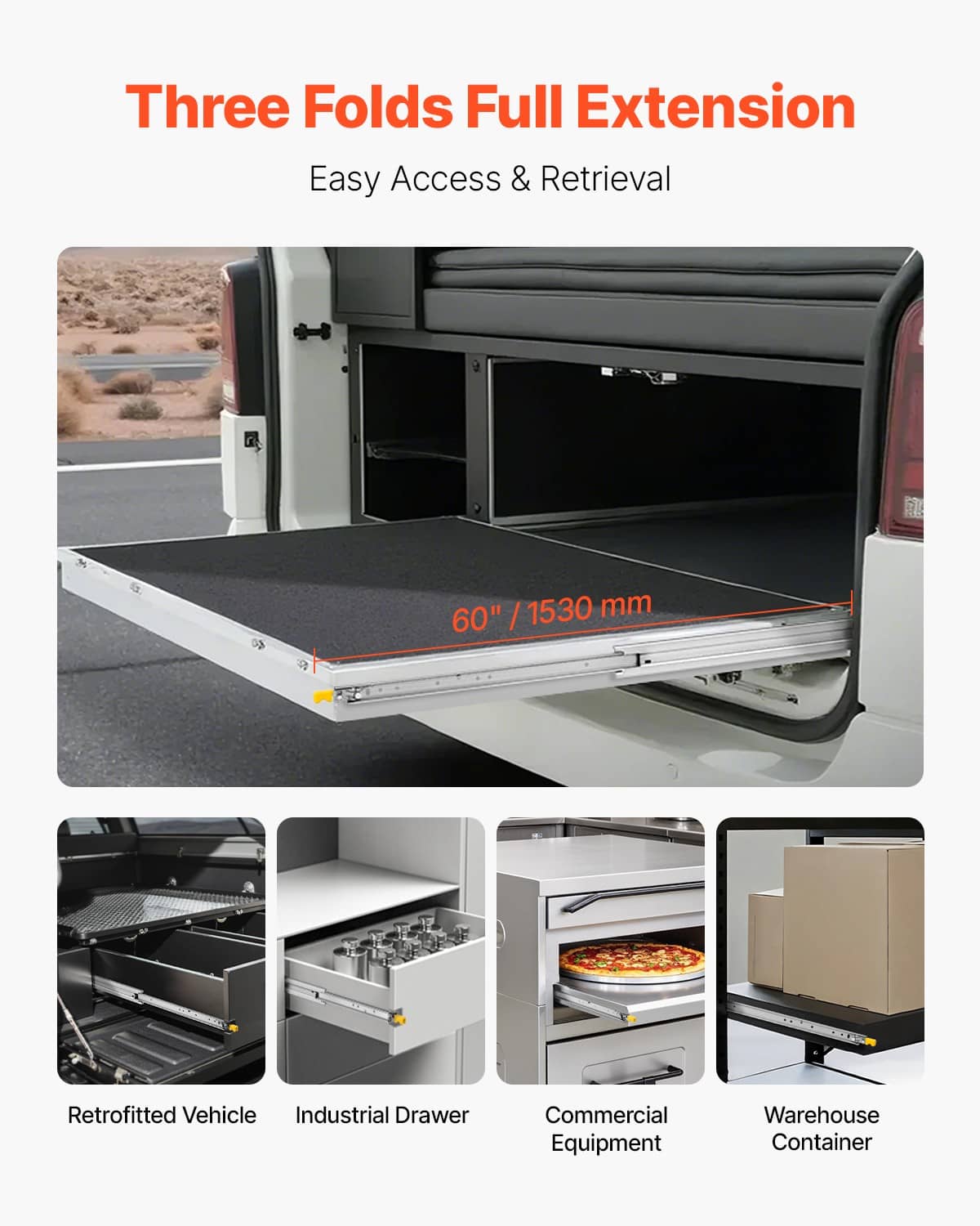 Drawer slide rails with three-fold full extension length for easy access