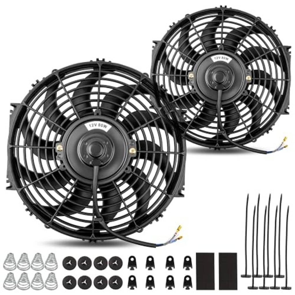 Two 8-inch electric radiator cooling fans with black grilles and included hardware set