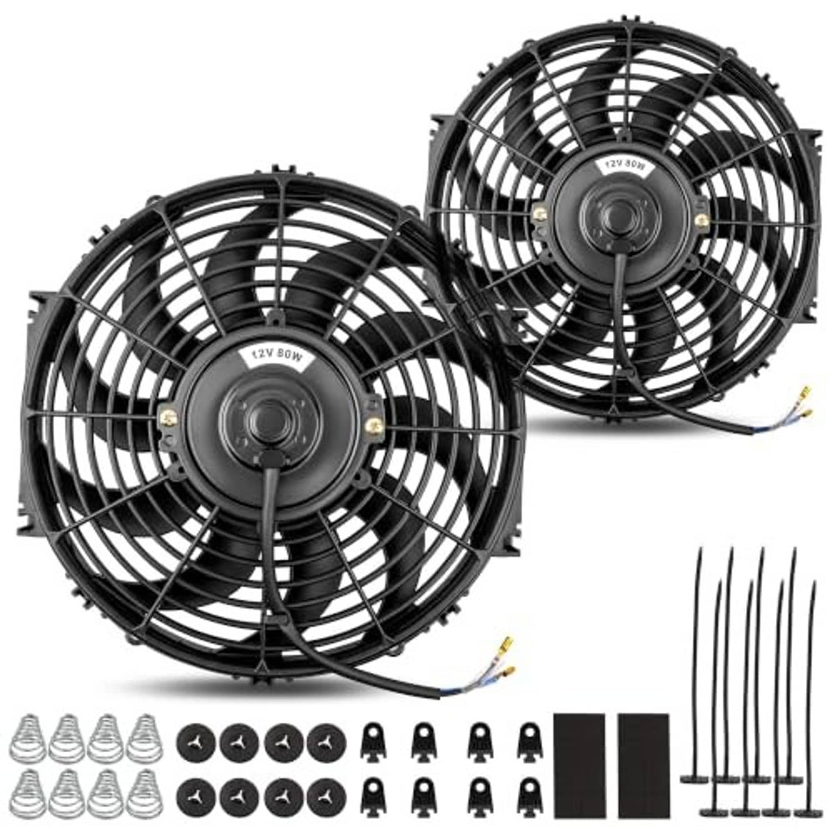 Two 8-inch electric radiator cooling fans with black grilles and included hardware set