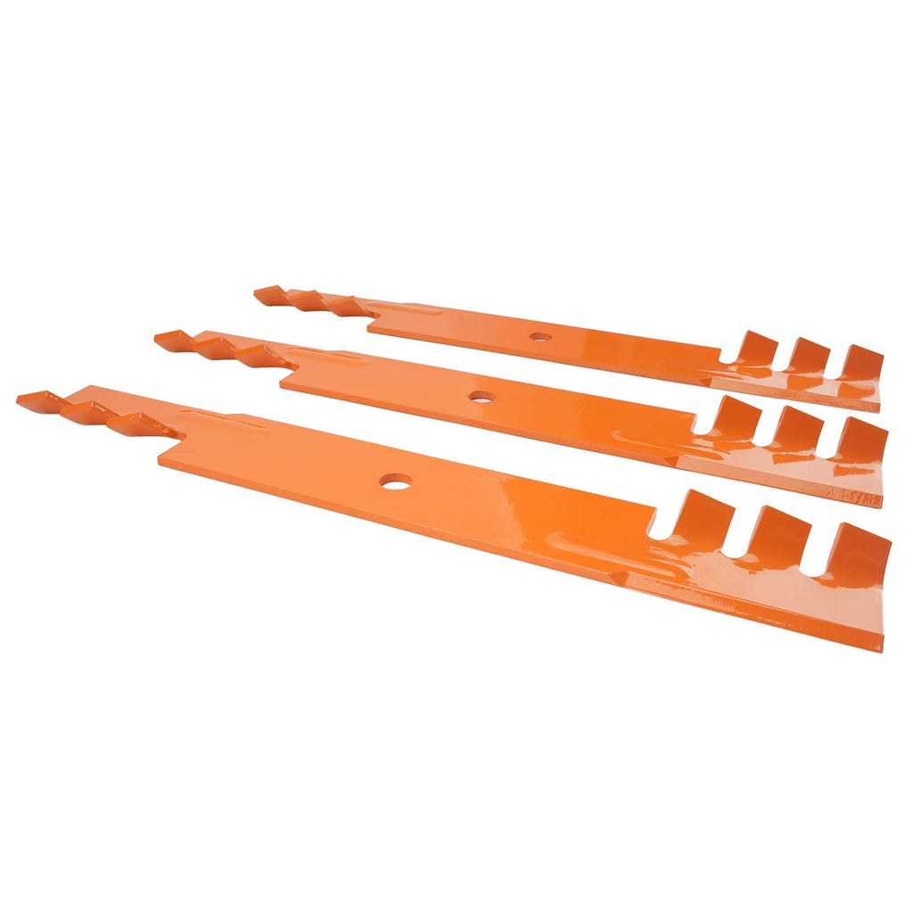 Three orange deck mower blades, steel replacement, angled view showing tooth notches
