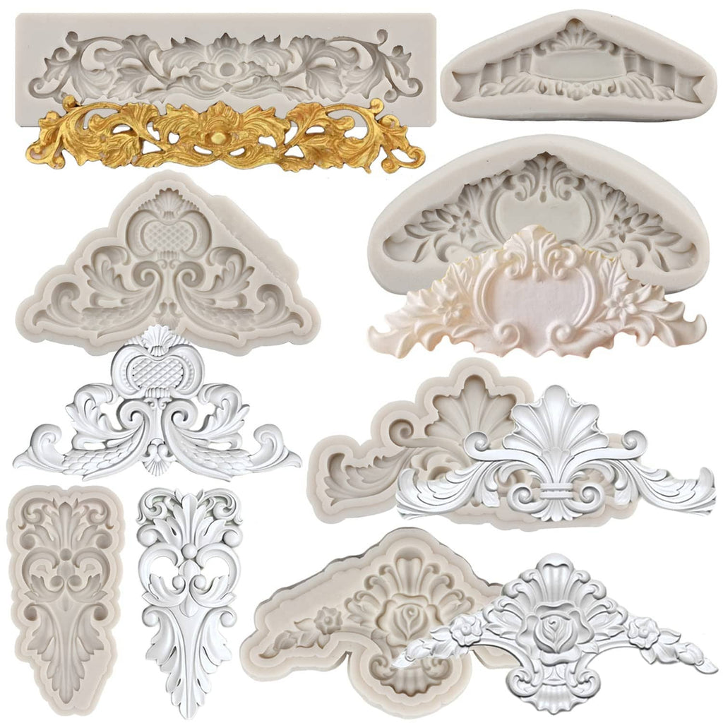 Baroque curlicue scroll lace silicone mold set with multiple ornate white pieces