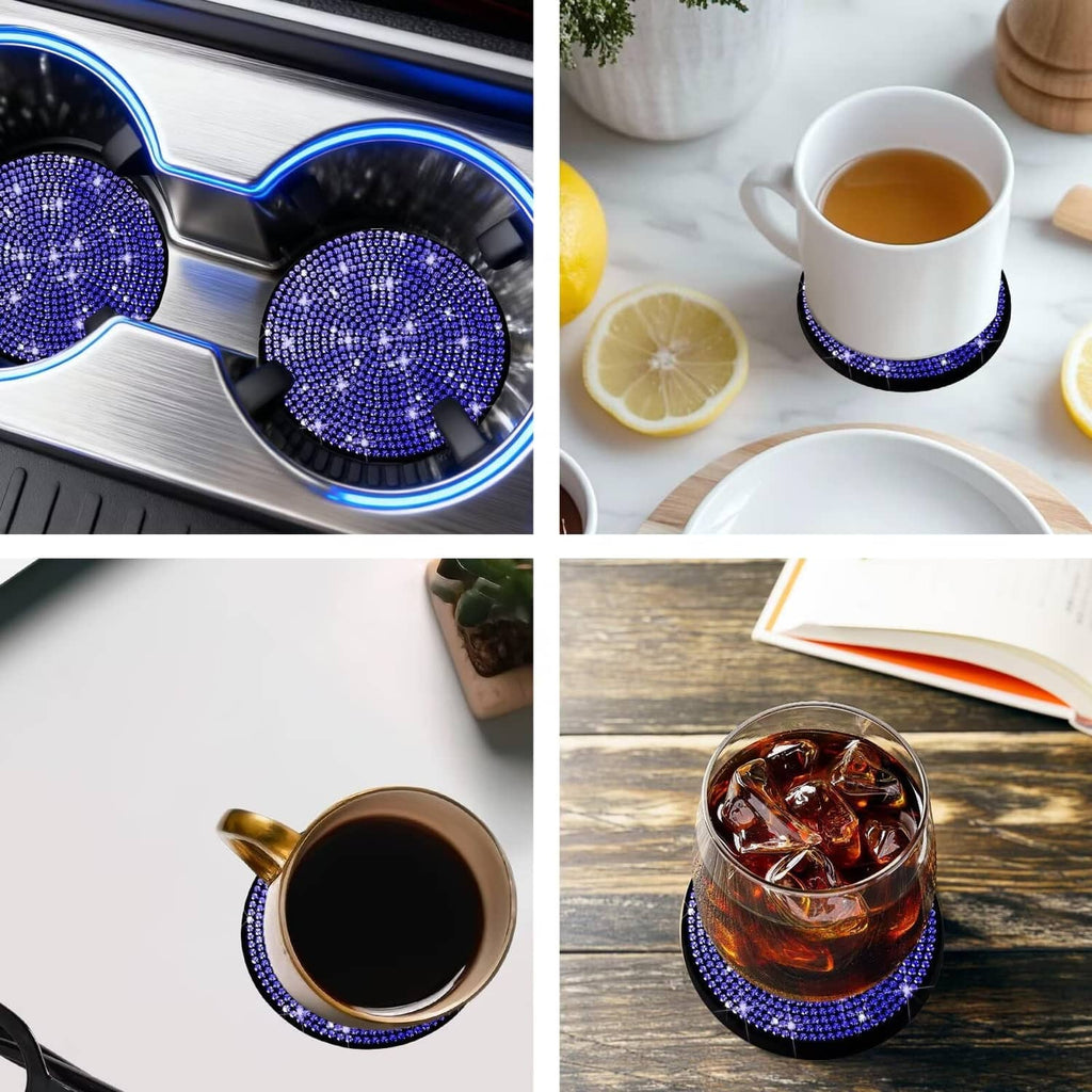 Blue rhinestone cup holder coasters shown with cups in car and on table