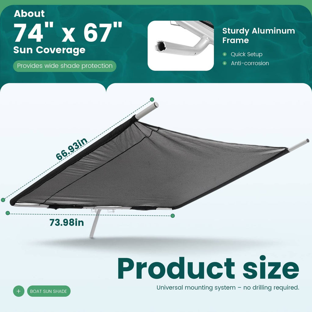 Boat sun shade canopy with black mesh fabric and poles, shown with size guides