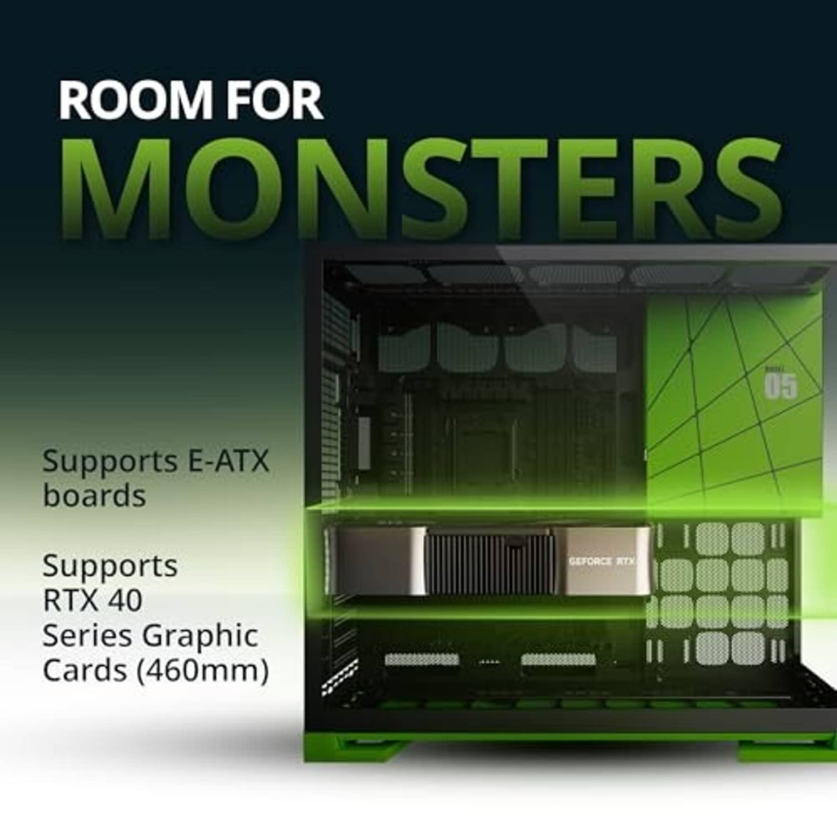 ATX PC case showing open interior with black-and-green tempered glass side