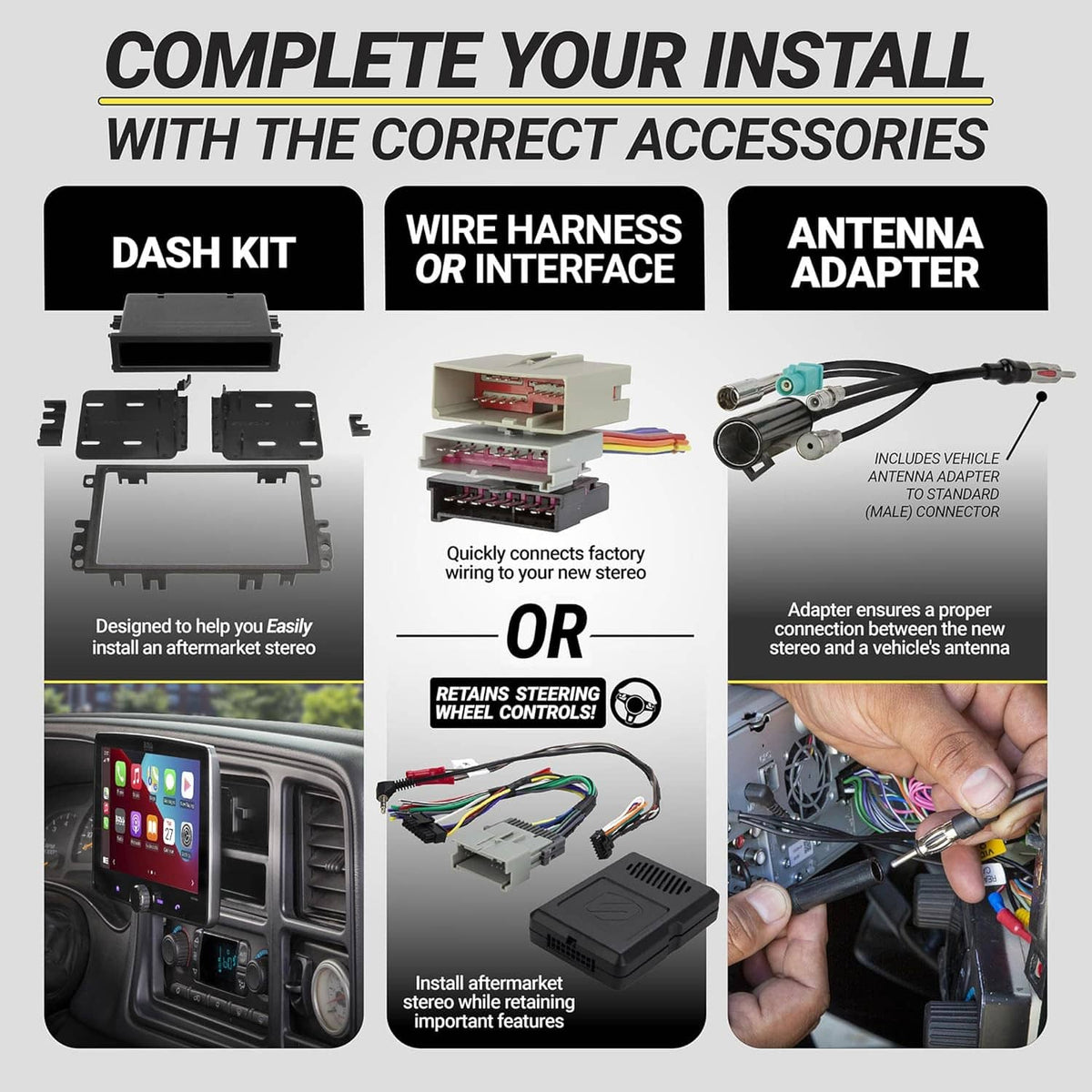 Car install accessory guide showing dash kit, wire harness, and antenna adapter options