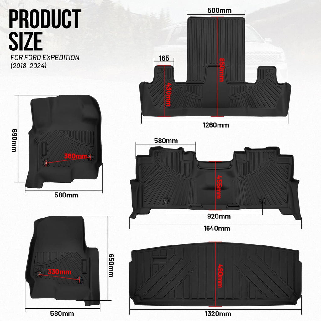 Black floor mat set layout diagram for front and cargo areas