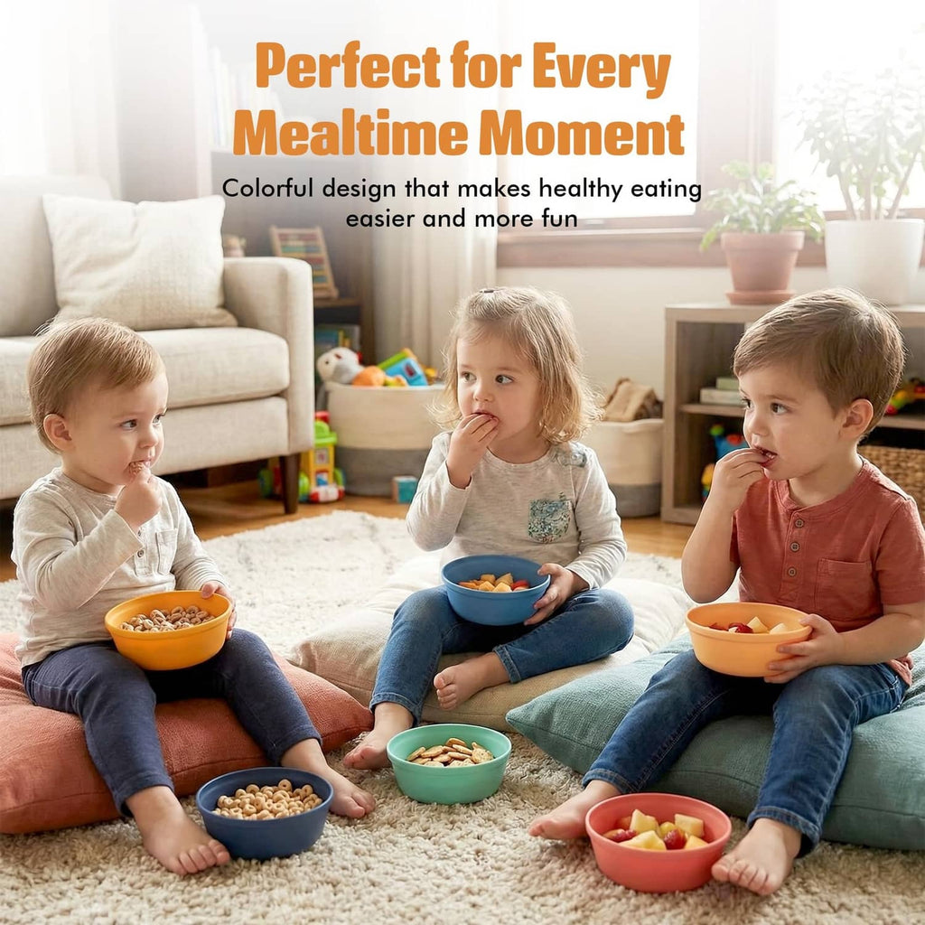 Colorful deep plastic kids bowls, orange and blue options, for easy mealtimes.