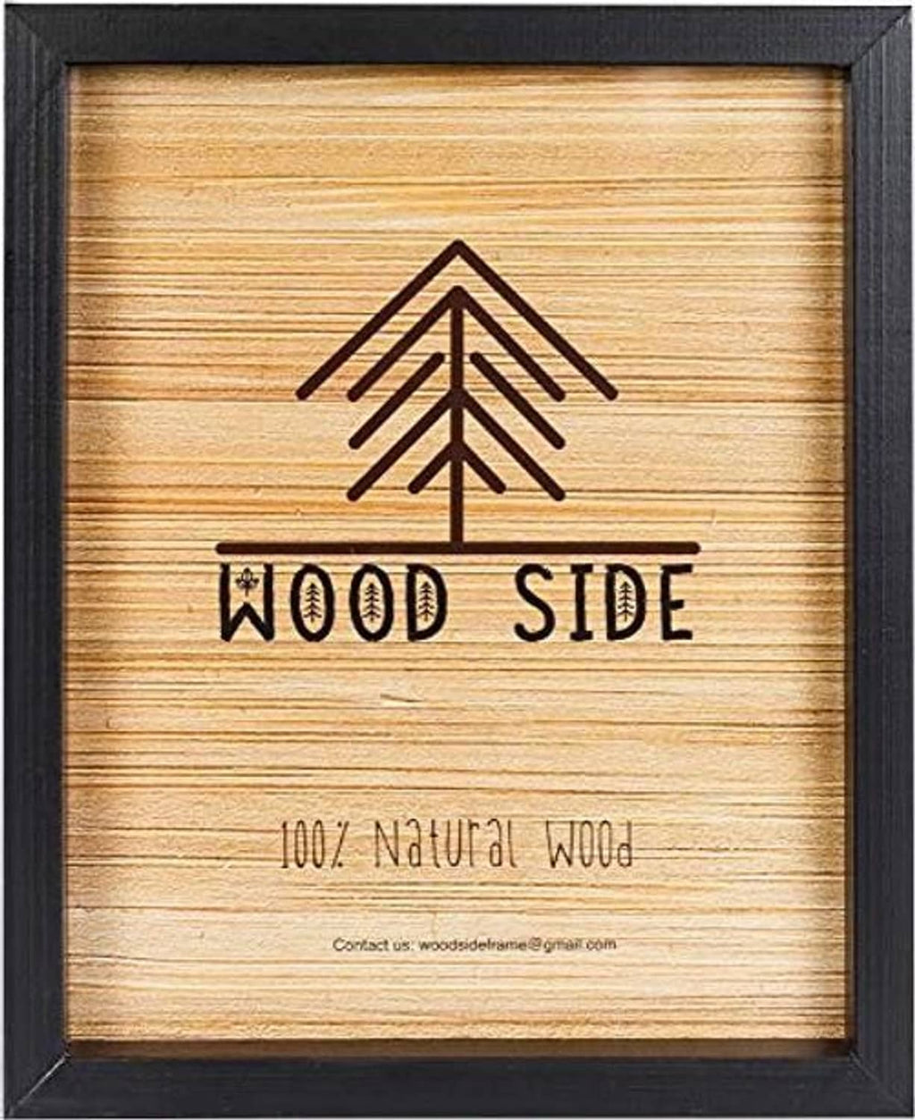 Black wooden poster frame showing “Wood Side” text, tree icon, and natural wood-grain print
