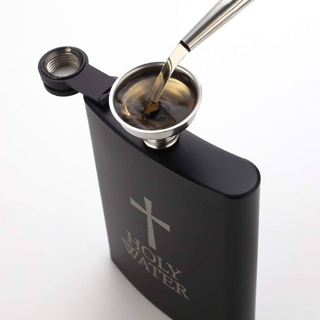Black hip flask tilted with spout pouring into the inner cup