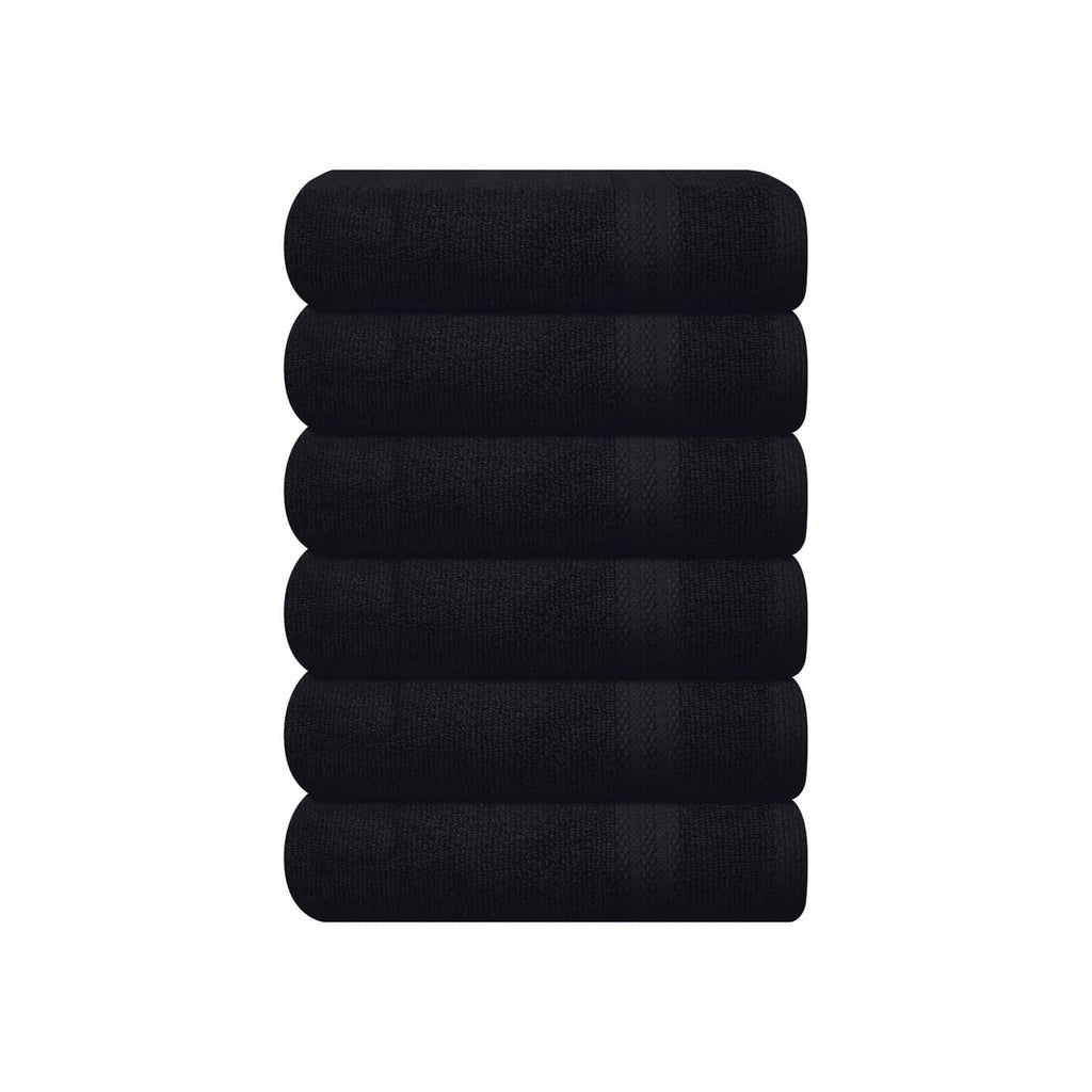 Black hand towel set, five neatly stacked folded towels with smooth textured fabric