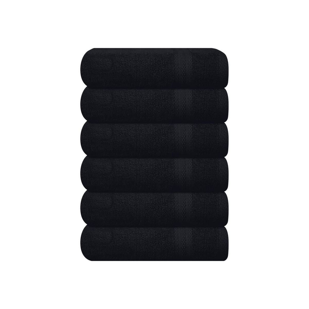 Black hand towel set, five neatly stacked folded towels with smooth textured fabric