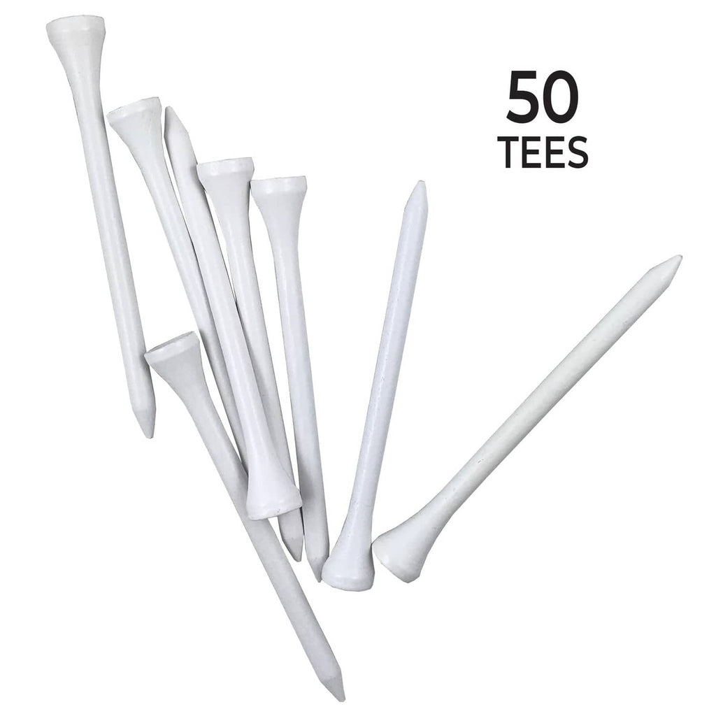 White hardwood golf tees bundle, marked for 2¾" (69mm) length, 50 tees.