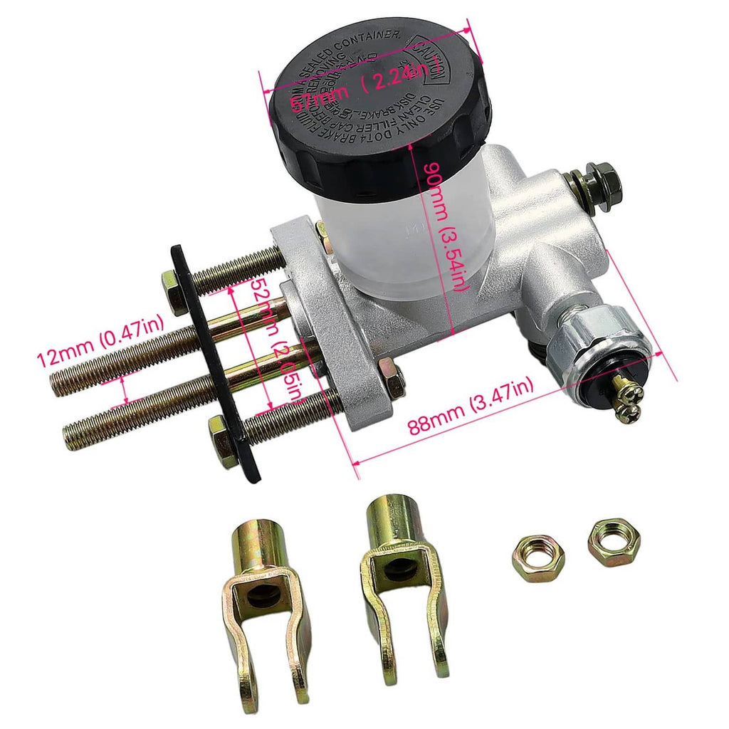 Hydraulic brake master cylinder with black reservoir cap, silver body, and gold hardware
