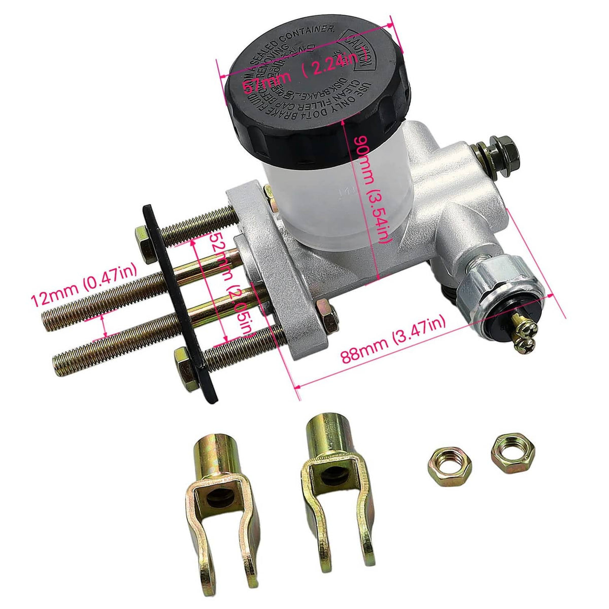 Hydraulic brake master cylinder with black reservoir cap, silver body, and gold hardware