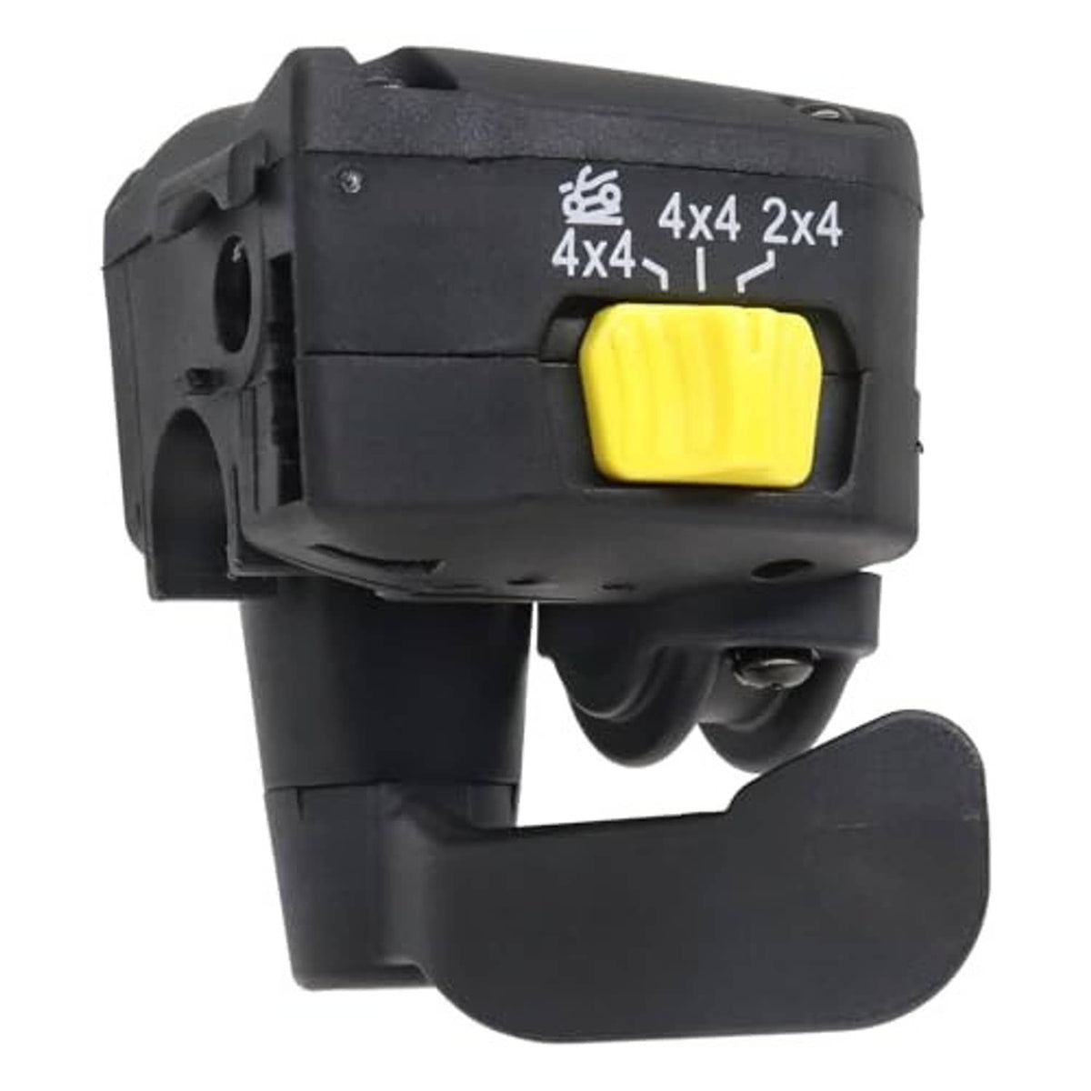 Black thumb throttle lever with yellow button and 4x4 text marking
