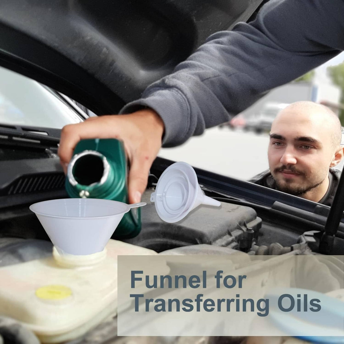 White plastic funnel with side spout for transferring motor oil