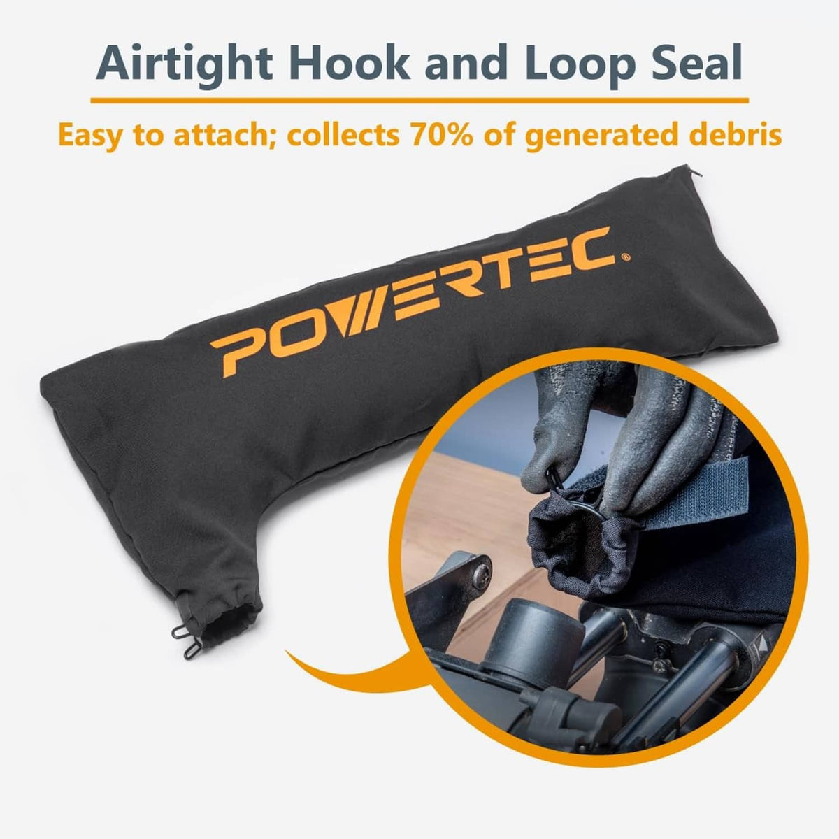 Black POWERTEC table saw dust port bag with hook-and-loop seal for quick attachment