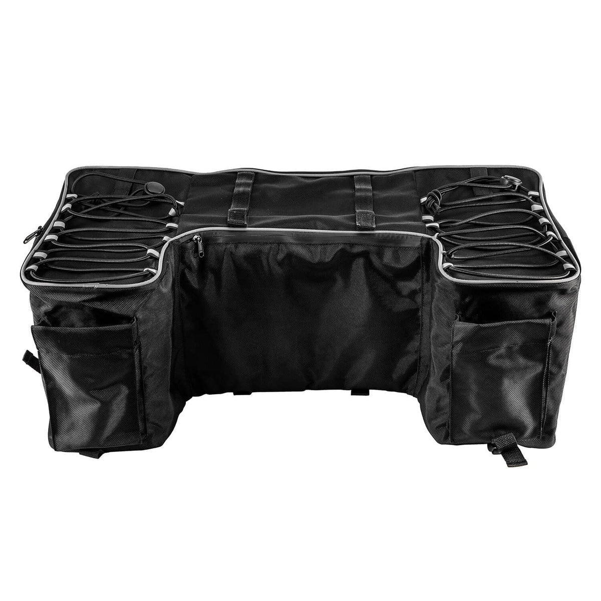 Black ATV rear rack storage bag with side pockets and top straps