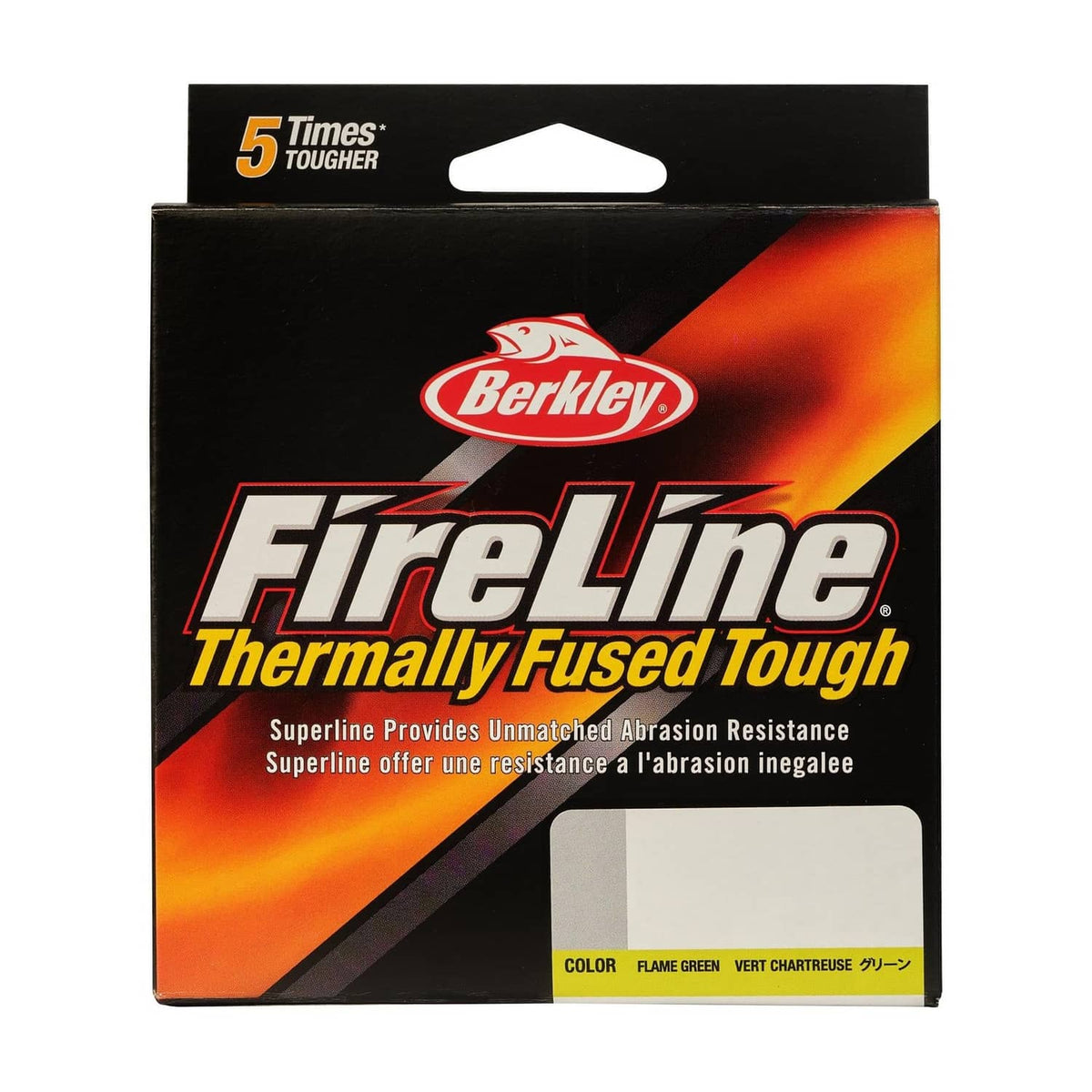 Berkley FireLine Thermally Fused Tough retail box, orange and black with color bar