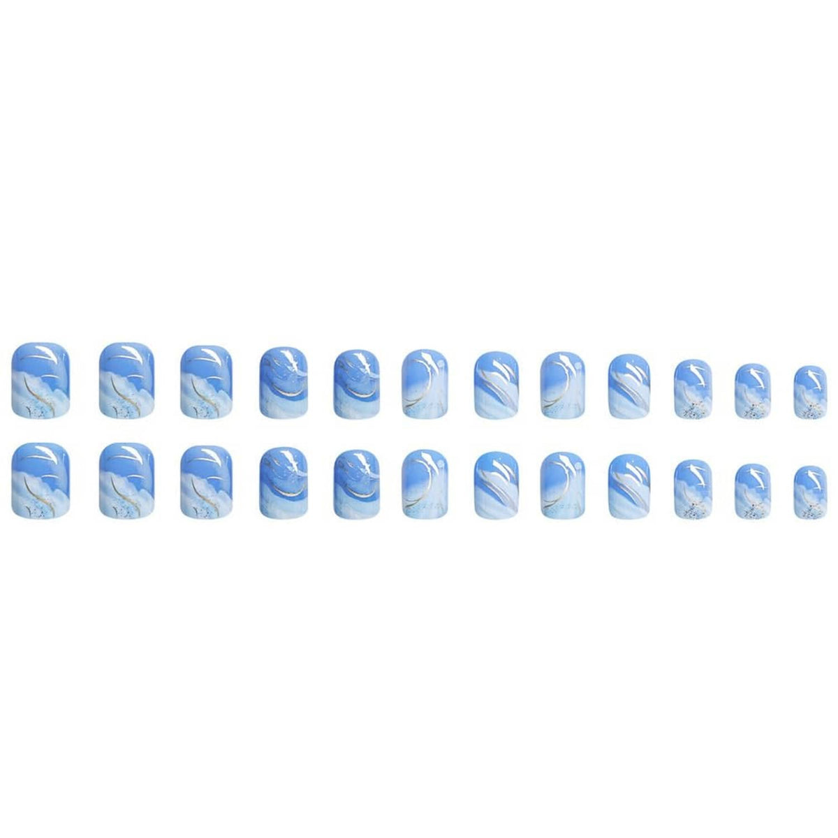 Row of short square press-on nail tips in blue gradient with white accent swirls