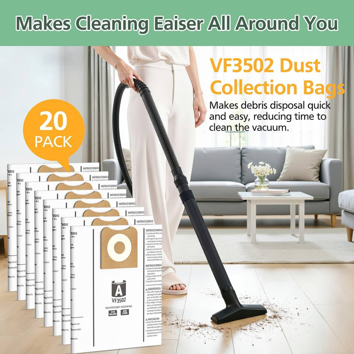 20-pack of white vacuum dust bags with tan inlet seal, with bag rolls lined up