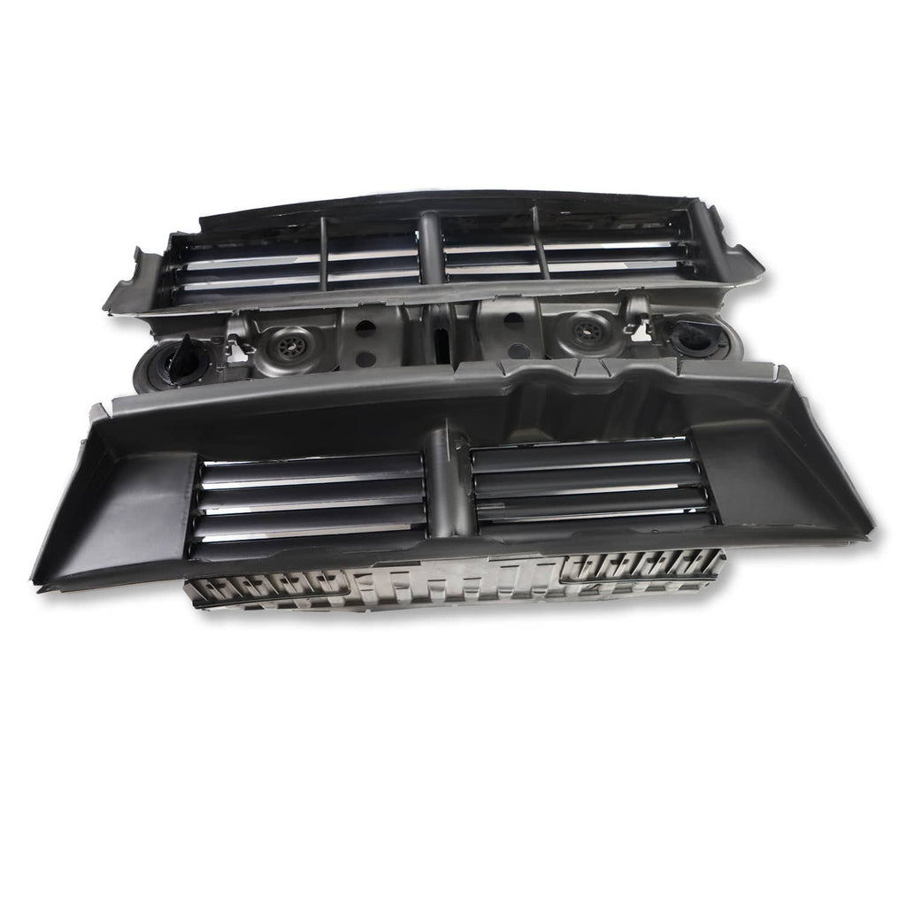 Front active grille shutter assembly with motor, angled view of black shutter slats and cams