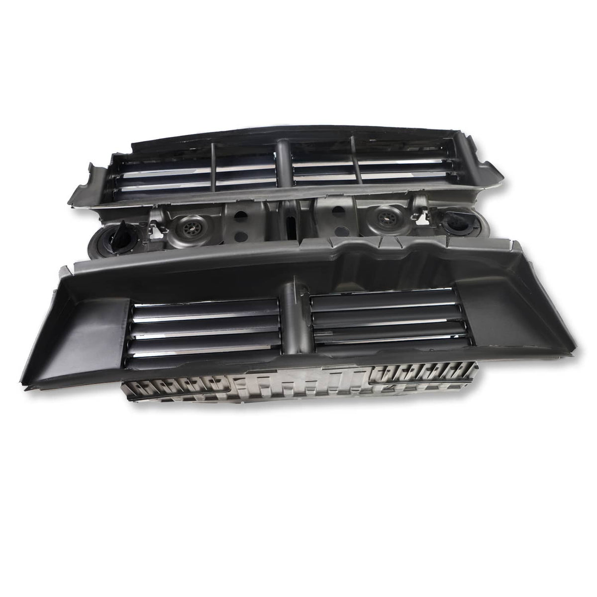 Front active grille shutter assembly with motor, angled view of black shutter slats and cams
