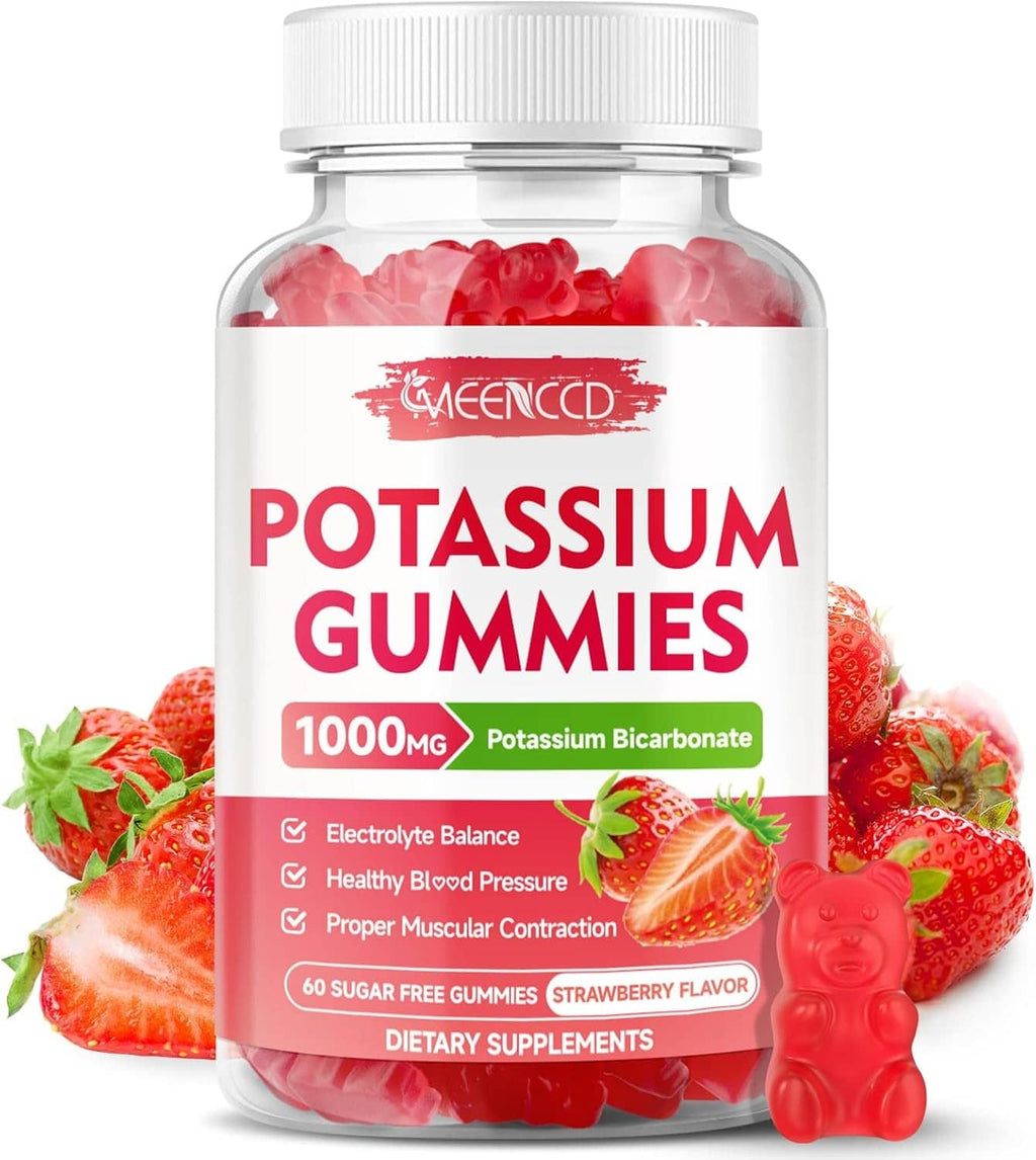 MEENCCD potassium gummies bottle with strawberry-flavored bear gummies, 1000mg potassium bicarbonate