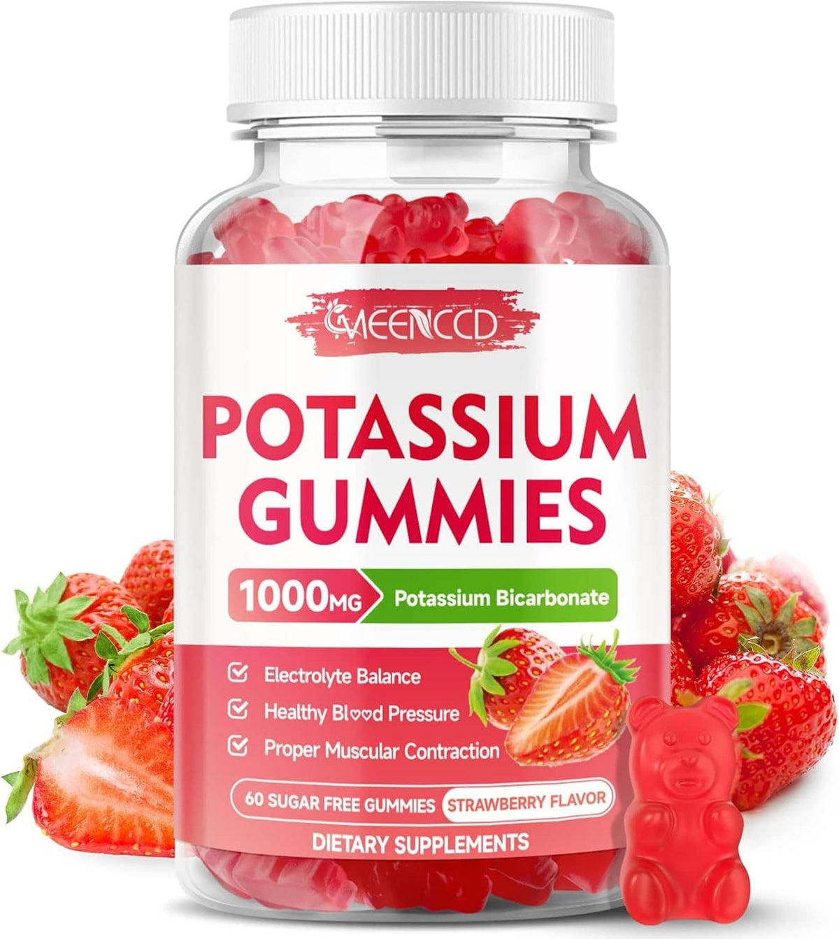 MEENCCD potassium gummies bottle with strawberry-flavored bear gummies, 1000mg potassium bicarbonate