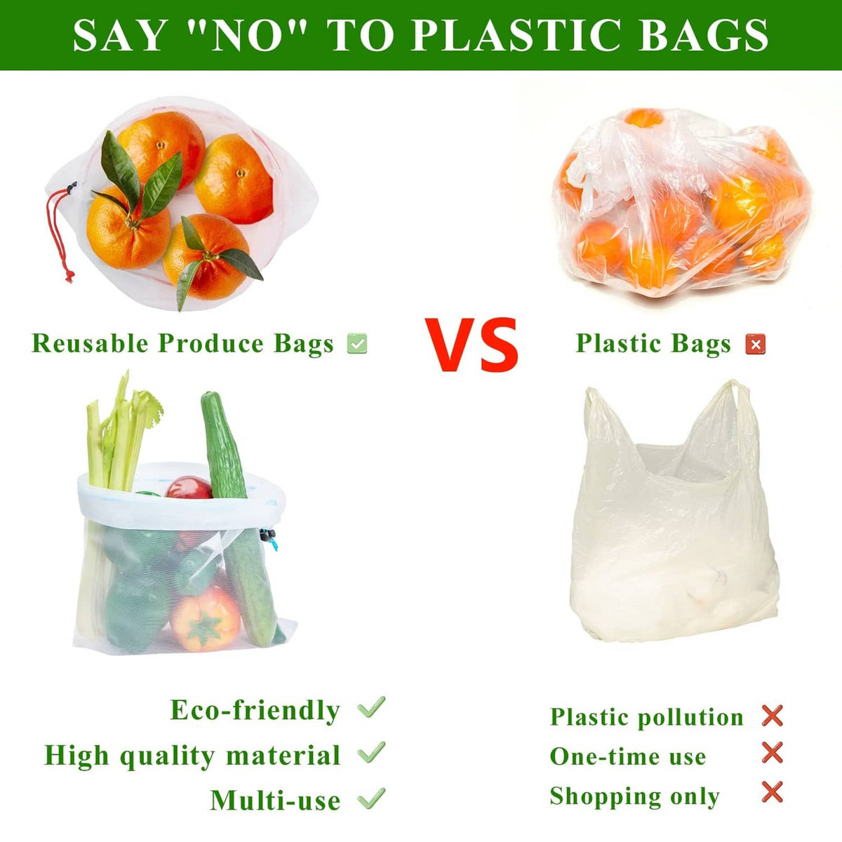 Reusable white mesh produce bag with blue drawstring closure