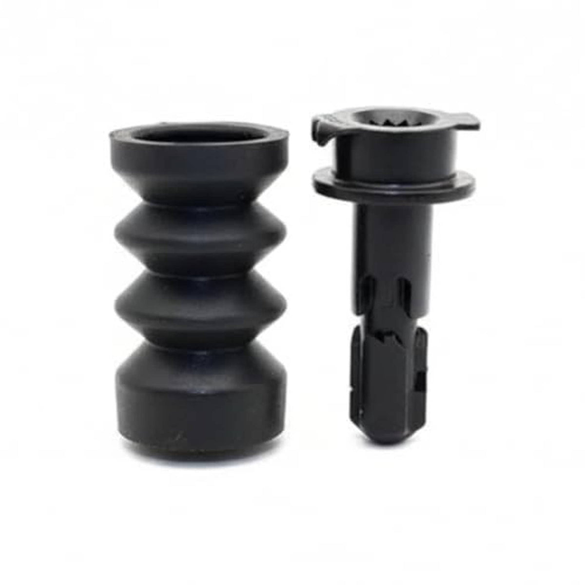 Fuel tank filler door release latch and rubber boot, black plastic, two-piece set.
