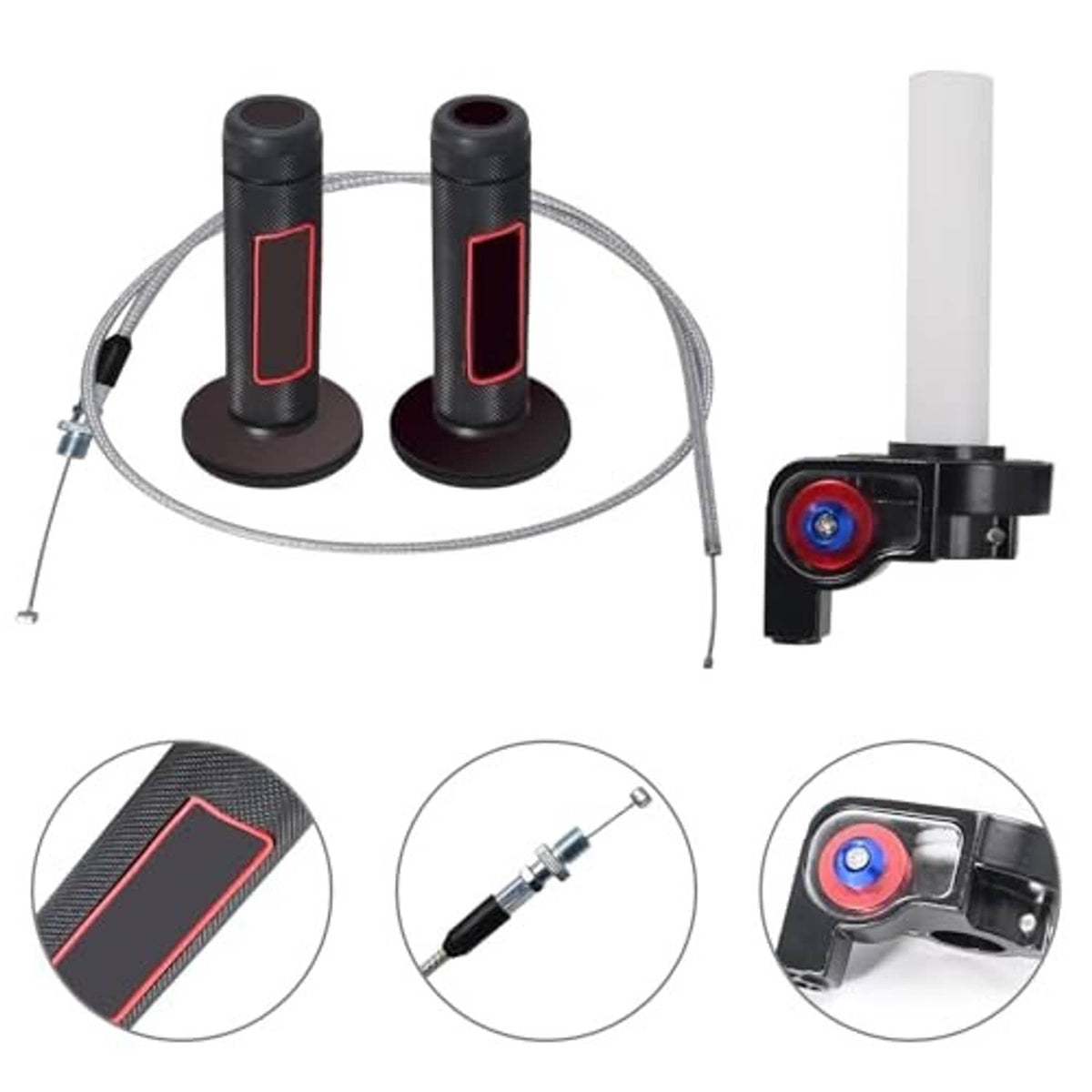 Throttle grip and cable kit with switch and red-line grips, plus detail icons