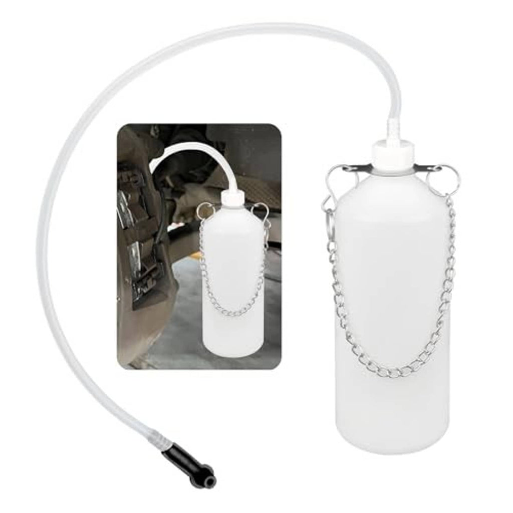 Brake bleeder bottle kit with white bottle, metal chain, and long clear hose on plain background.