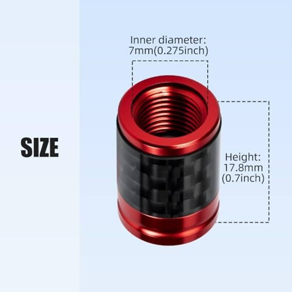 Red carbon fiber tire valve cap with red rim and threaded inner opening.