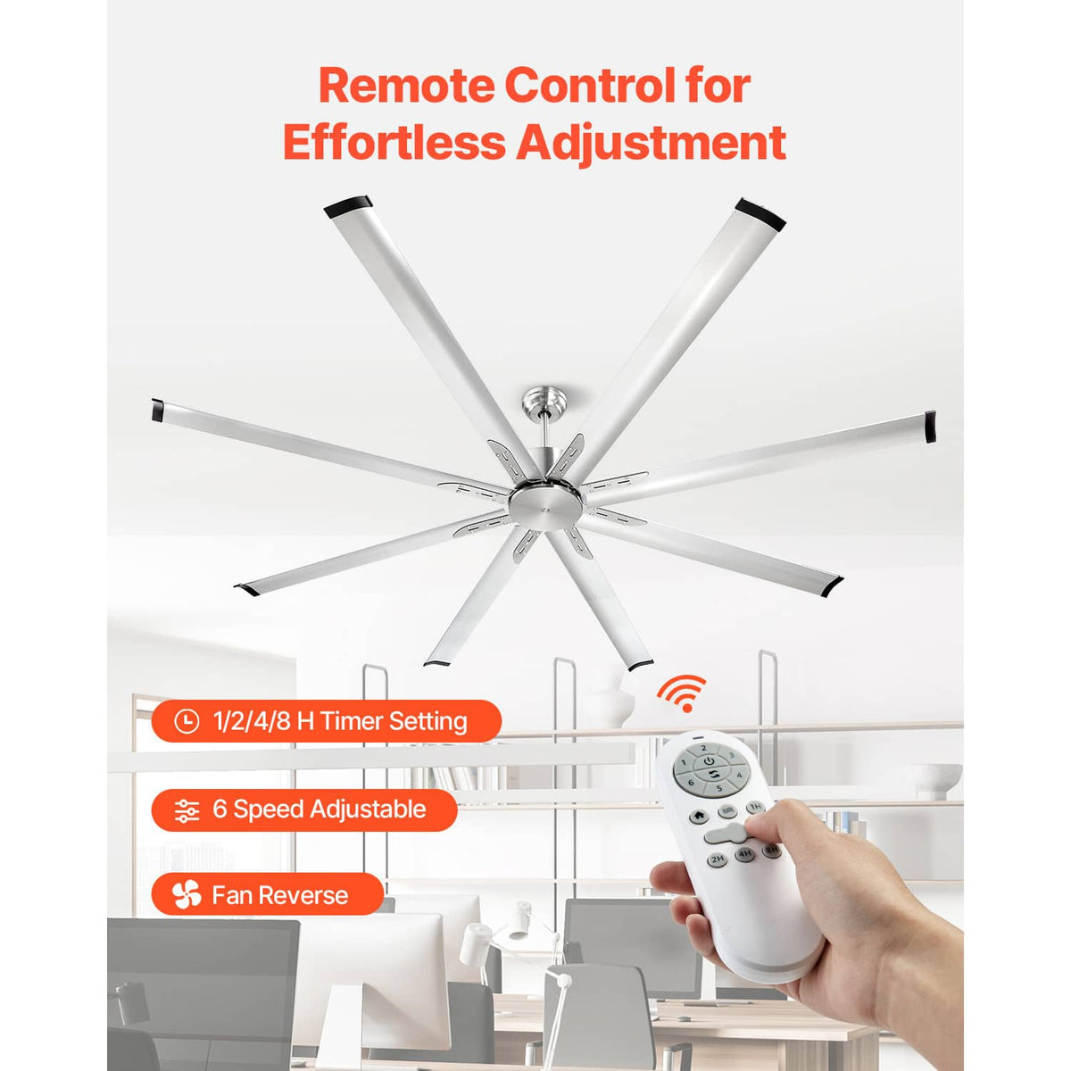 Nickel aluminum ceiling fan with handheld remote control, timer, and 6 speeds; no light kit.
