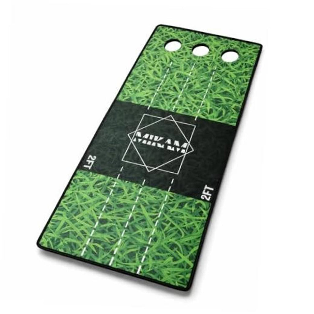 Golf putting practice mat: green grass texture, black border, alignment lines and target holes