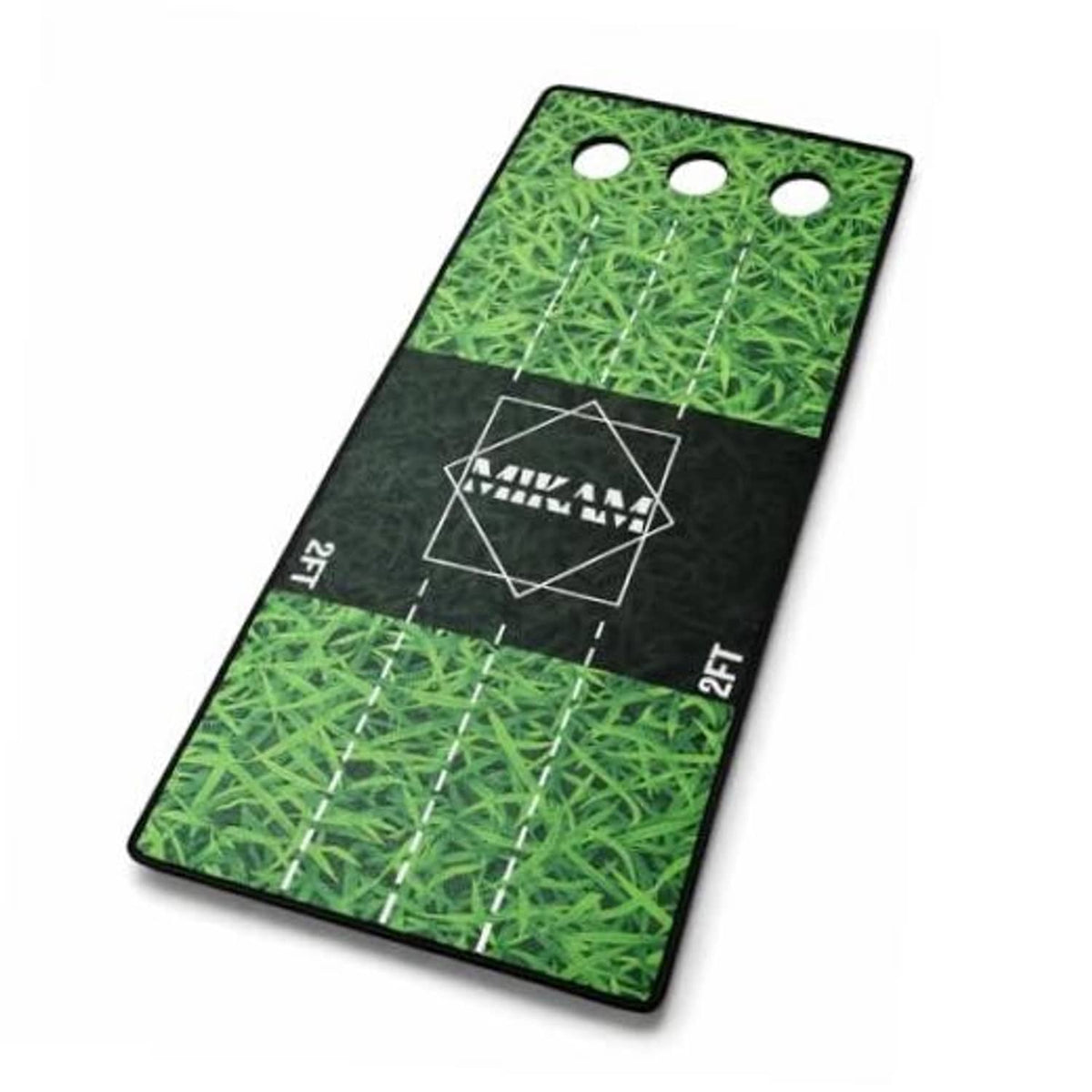 Golf putting practice mat: green grass texture, black border, alignment lines and target holes