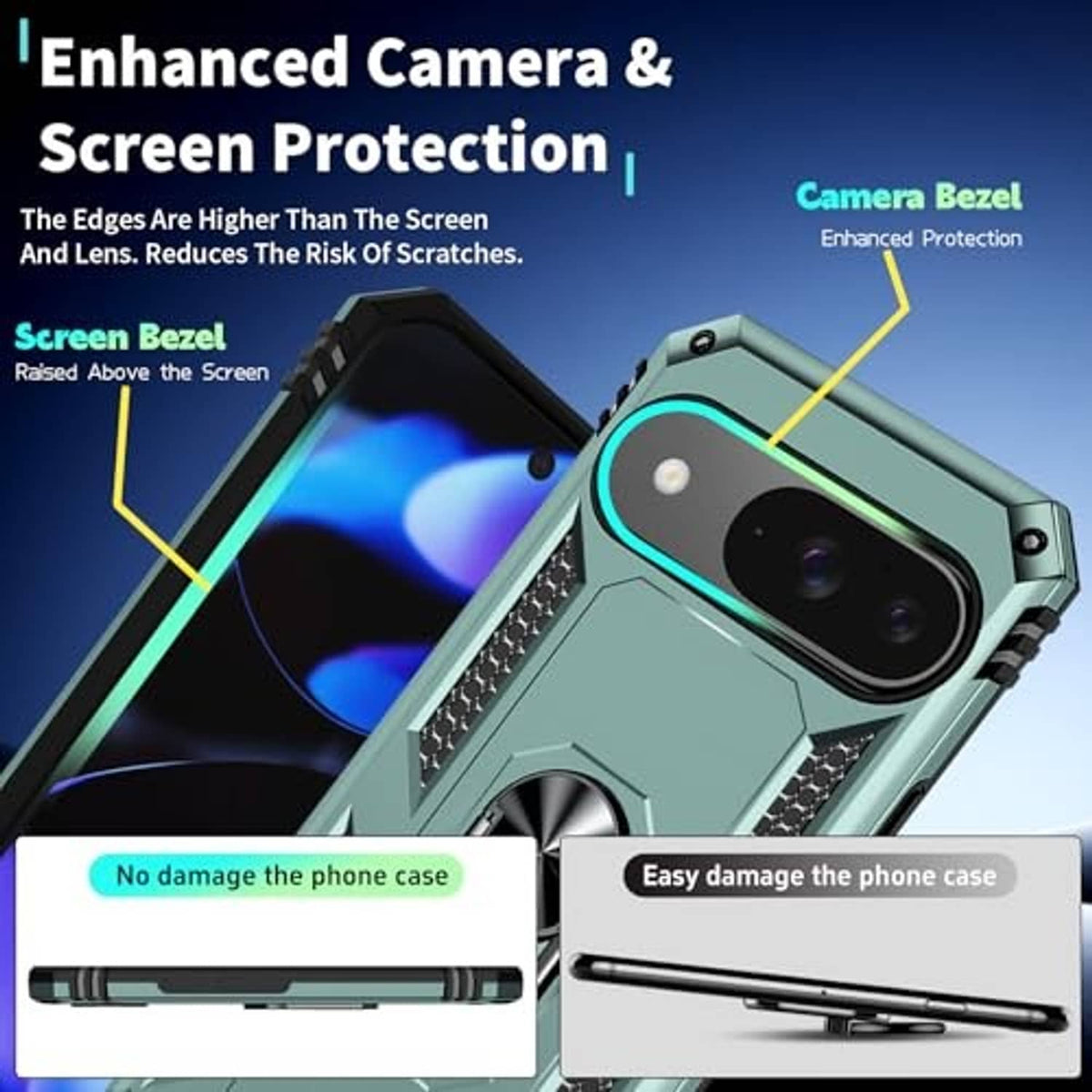 Dark green rugged phone case with raised camera bezel and screen-protection lip