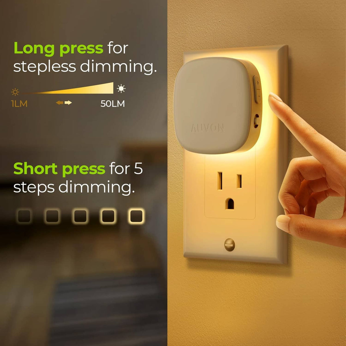 Plug-in LED night light with finger touching backlit control on wall