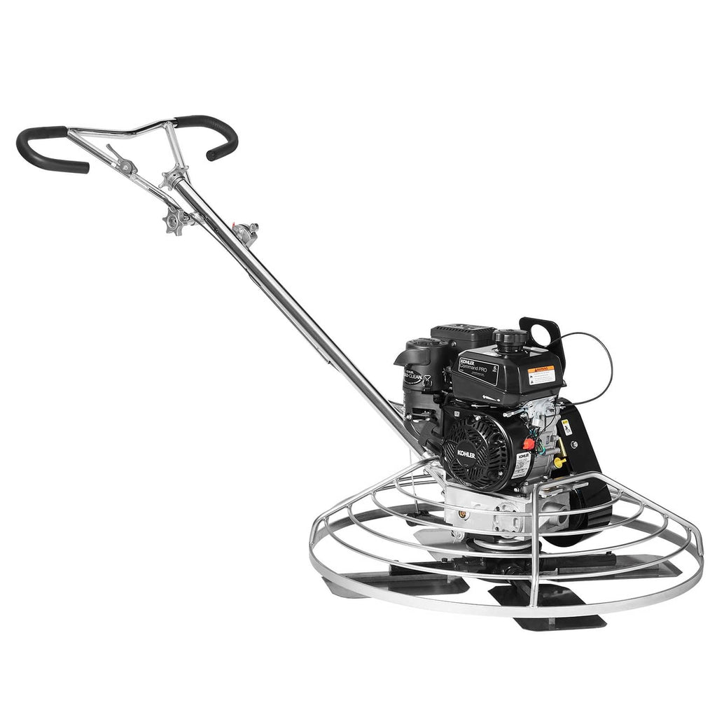 Walk-behind cement trowel angled view with black engine, control handle and float disc