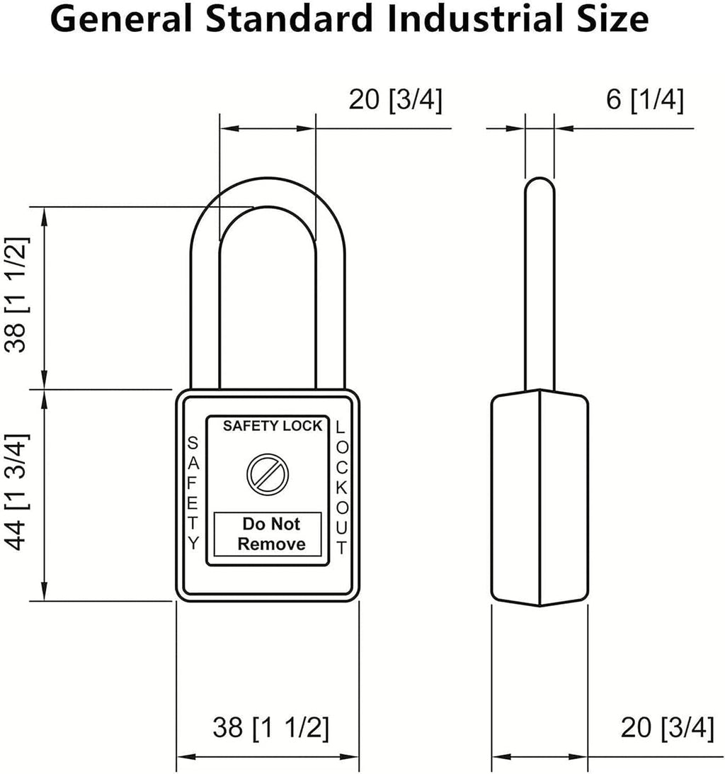 Lockout padlock size diagram with Safety Lock label and dimension lines