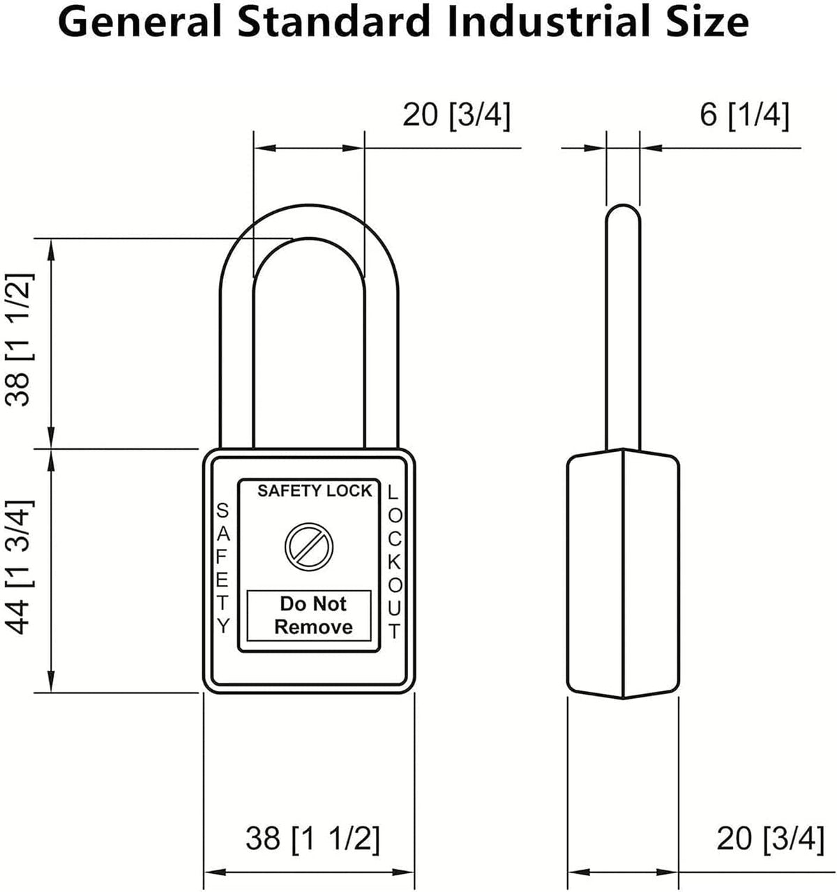 Lockout padlock size diagram with Safety Lock label and dimension lines